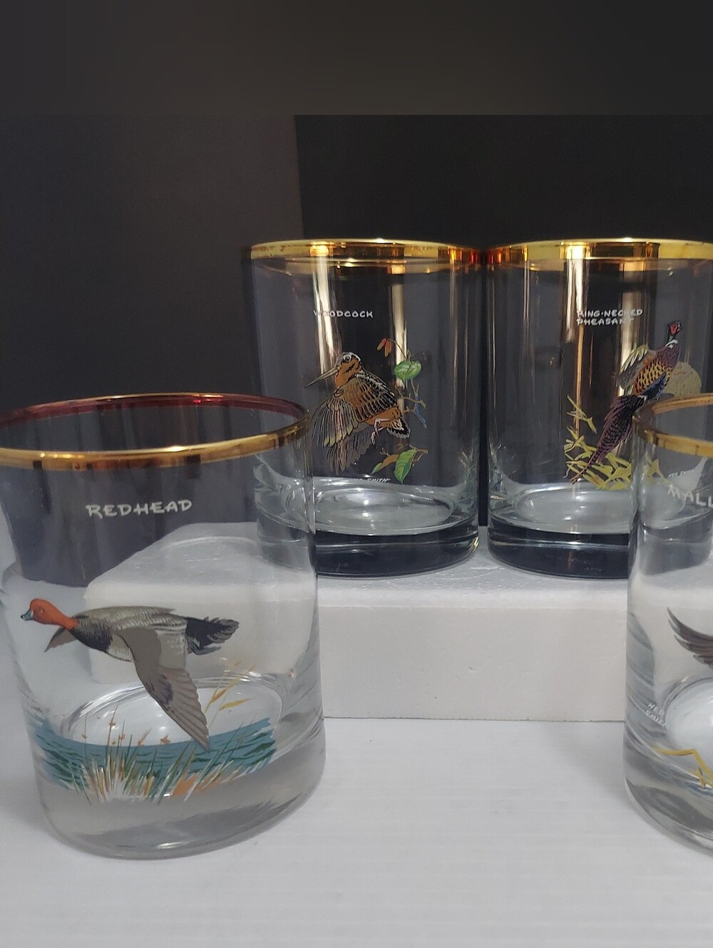 Vintage Ned Smith Double Old Fashion 22K Gold Rim Game Birds Glasses Set Of 4